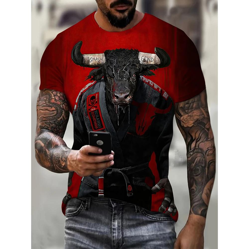 Summer Daily Casual Outdoor Street Short-sleeved Top Fashion 3D Bull Head Print Men's T-shirts