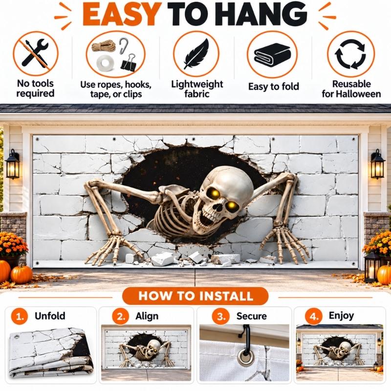 Pongee Fabric Halloween Garage Decoration, Full Skeleton Brick Wall Artwork for Parties and Community Displays