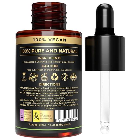 USDA Organic Grapeseed Oil - 100% Pure, Cold-Pressed, Non-GMO - Ideal Massage Oil, Face Oil, Hair Care- Best Grape Seed Oil for Skin