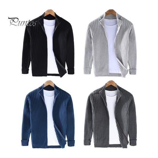 Fall Winter Men Coat Zipper Closure Knitted Cardigan Stand Collar Long Sleeves Solid Color Thick Elastic Loose Striped Texture Daily Wear Knit Jacket