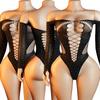 Rhinestones Long Sleeve Bodysuits Stamp Diamonds Underwear Set Erotic Crotchless Lingerie Women Sexy Fishnet Hollow Bra Sets