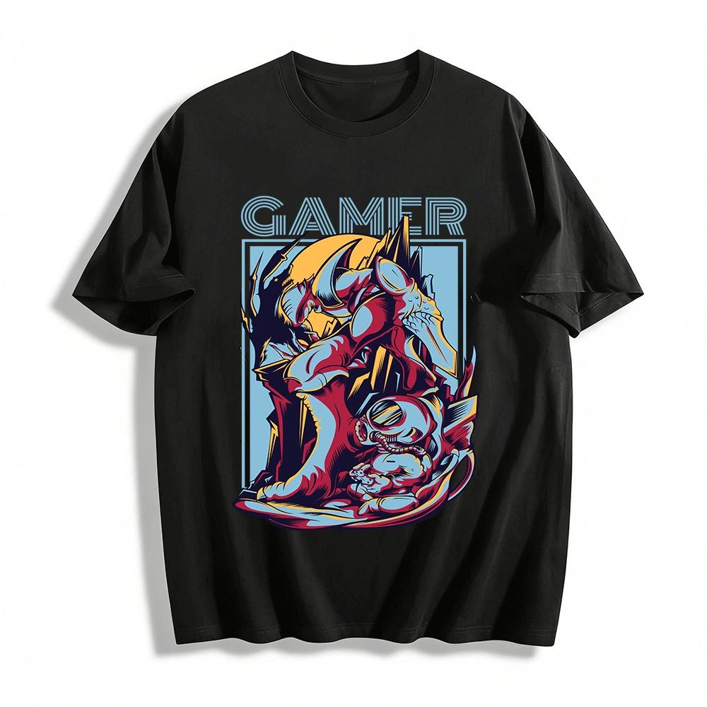 Vintage Gamer Alien Warrior Holding Console Graphic Casual Tee Pure cotton T-shirt XXS