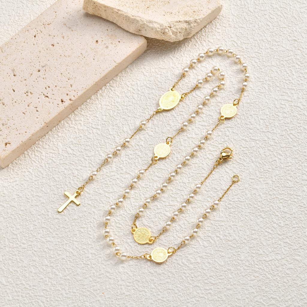 Vnox Collana con Rosario in Acciaio Inossidabile e Croce della Vergine Maria per Donne, Collana a Y con Medaglia Ovale del Rosario di San Benedetto Gioielli