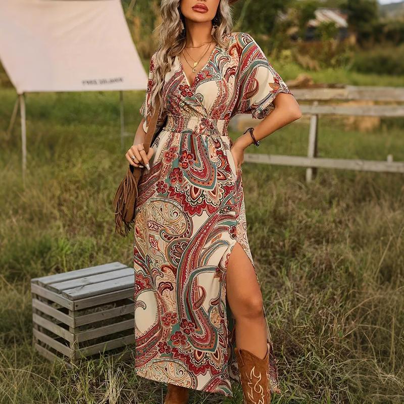 Women Casual Short Sleeve V Neck Bohemian Holiday Style Retro Flower Printed One Piece Dress