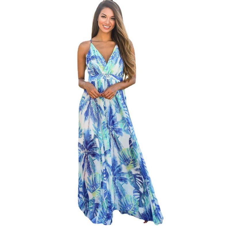 Strap Printed Beach Long Dress for Women Sling Print Beach Dress Women