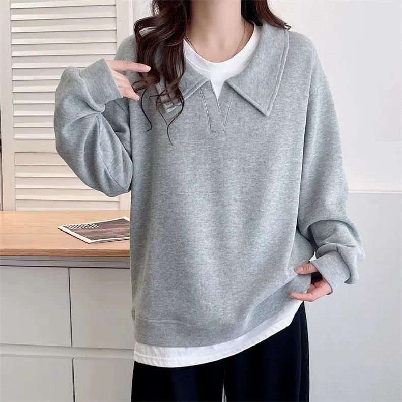 Sweatshirt for Women Pullover Long Sleeve Faux Two-Piece Oversize Solid Color Loose Casual Sweatshirt Top