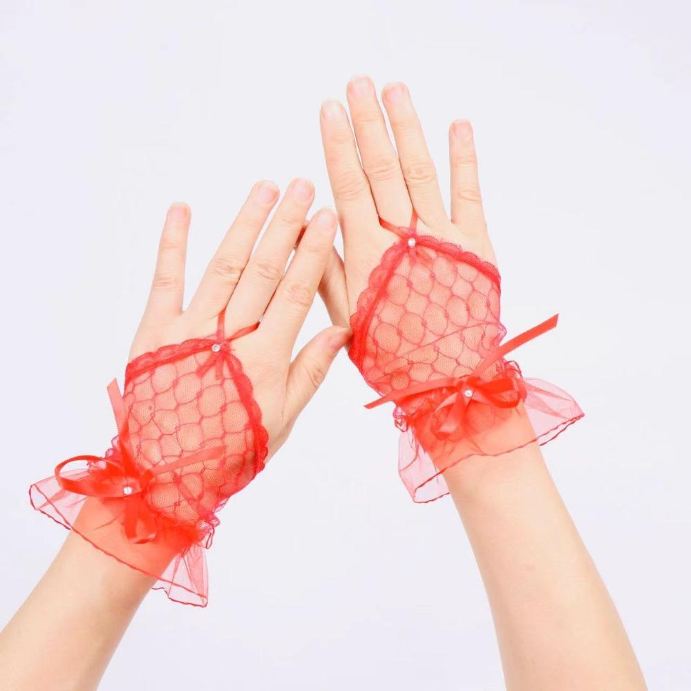 

Women Thin Summer Mesh Gloves UV Resistant Black White Ruffle Lace Driving Style червоний