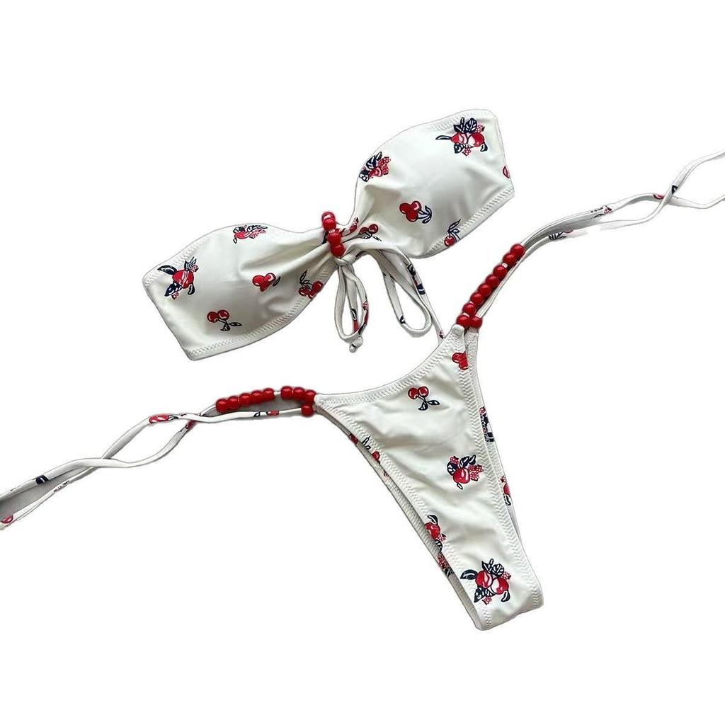 European & American Strapless Sexy Halter Split Printed Swimsuit for Women