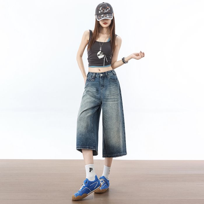 Trendy Summer High Waist Slim Vintage Blue Wide Leg Denim Cropped Capri Pants Loose Straight Versatile Slimming Daily Wear