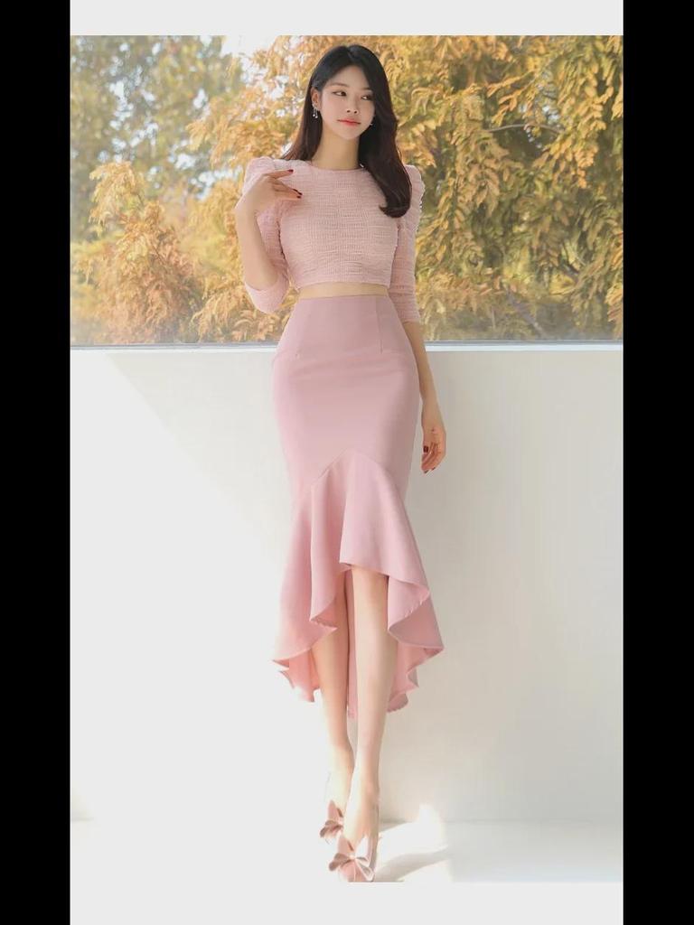 2024 Frühling Koreanischer Slim Fit Zweiteiler: Kurzes Top & Hüft-Fishtail-Rock