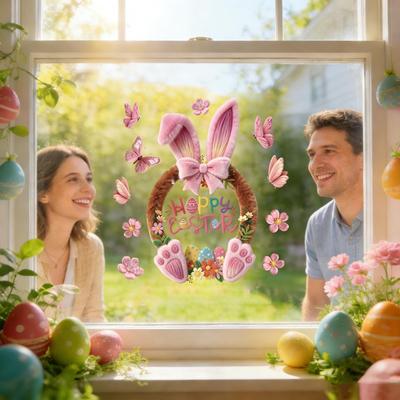 Easter Window Clings Static Decals Removable Reusable Bunny Rabbit Butterfly Flower Stickers for Home Wall Living Room Classroom