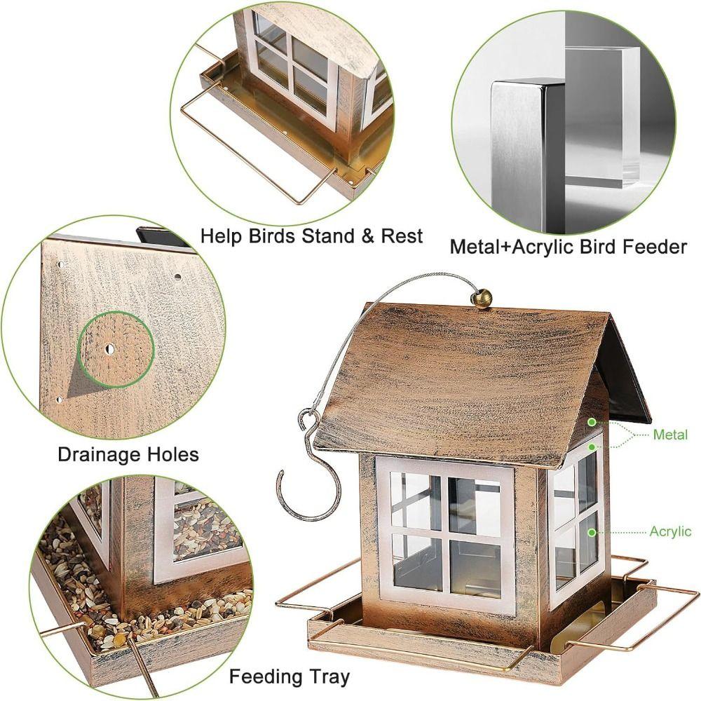 Country Style Hanging Bird Feeder House Shape Large Capacity Bird Food Bowl Metal Windproof Parrot Feeding Station Backyard