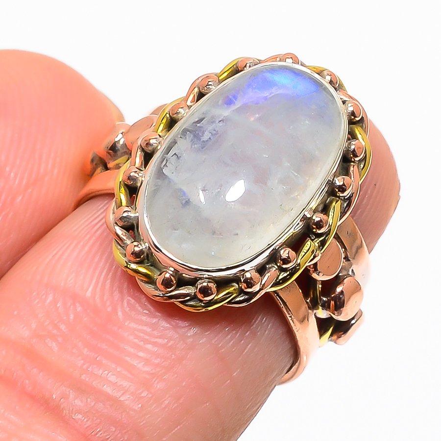 Natürlicher Regenbogen-Mondstein Zweifarbig 925 Sterlingsilber Schmuckring Gr.6.5 B4Z48