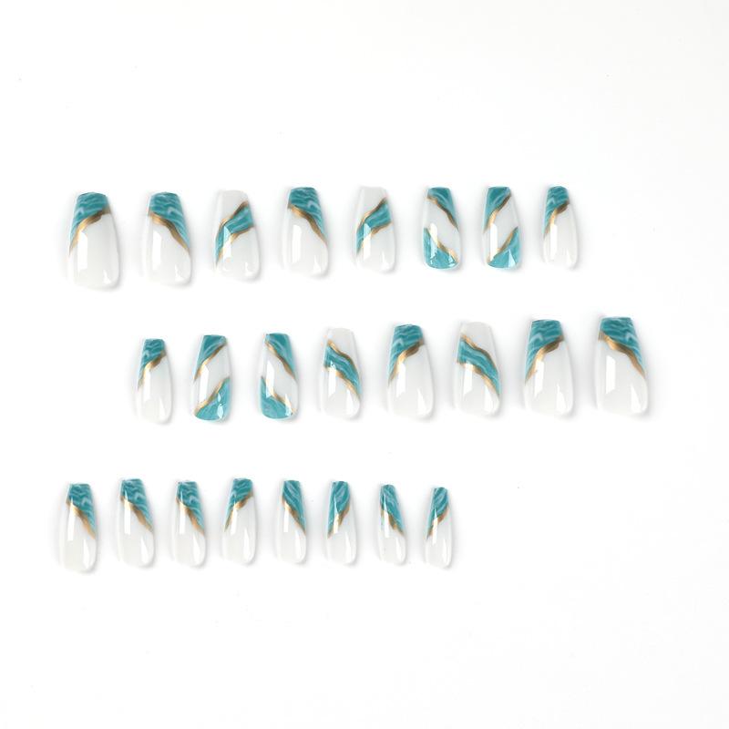 24Pcs/Set Quick Nails Green Smudged Gold Thread False Nials Sticker Wearable Waterproof Manicure Finished Nails