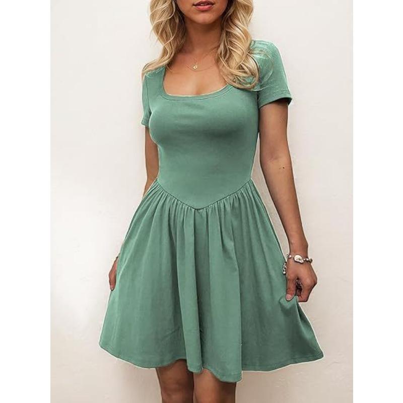 Solid Color Square Neck Short Sleeve Pleated Casual Mini Dress