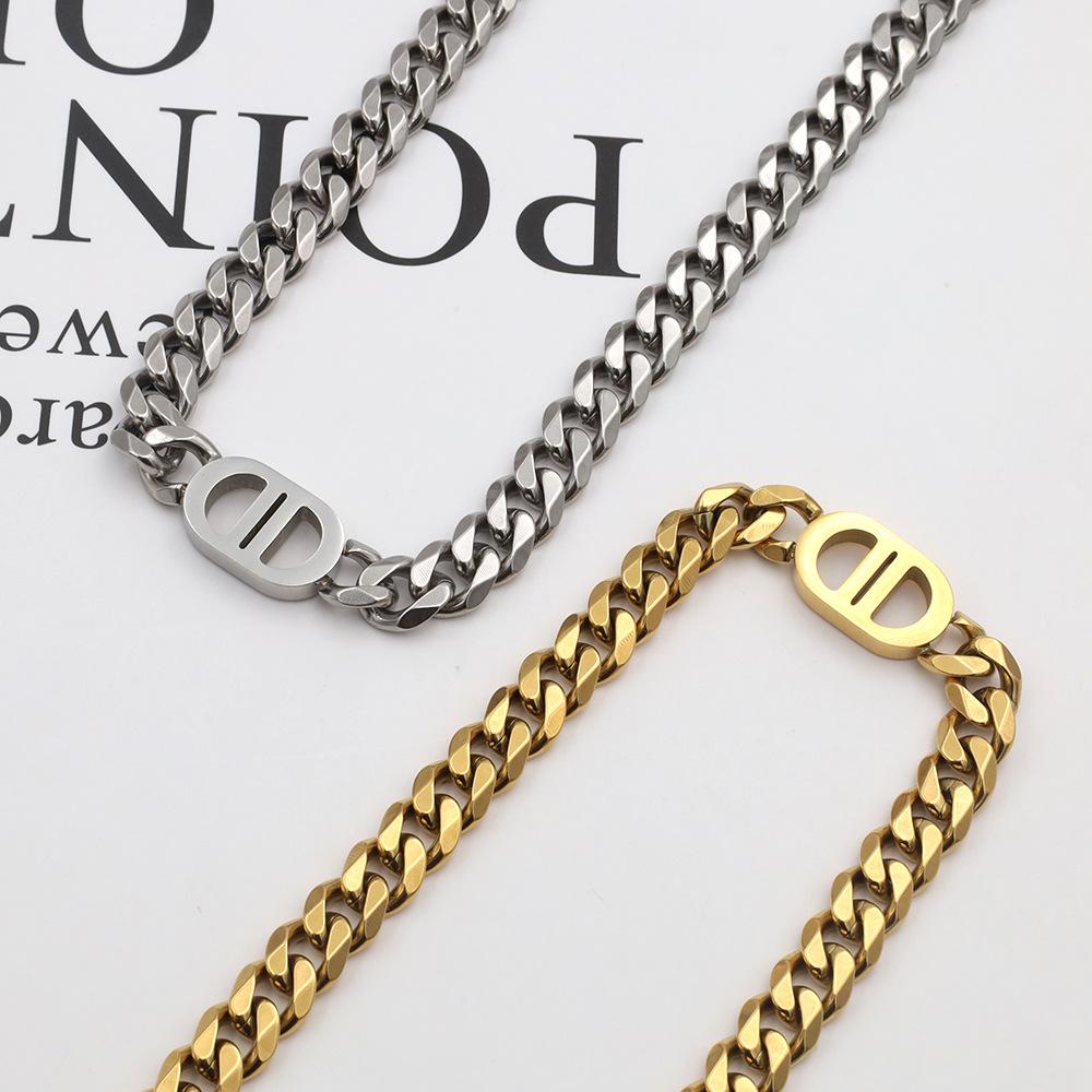Hip Hop Hipster Titanium Steel Cuban Chain Personalized 18K Gold Double D Necklace Non-Fading Bracelet Jewelry Earrings