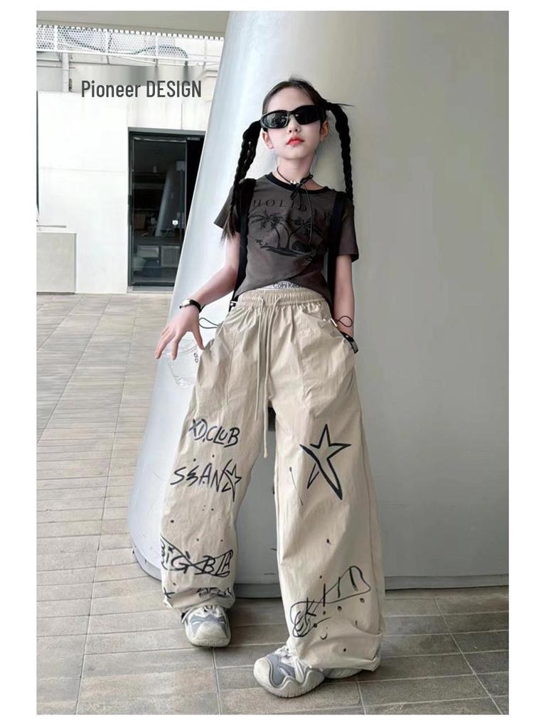 Girls' 2024 Summer Hip-Hop Graffiti All-Match Long Pants