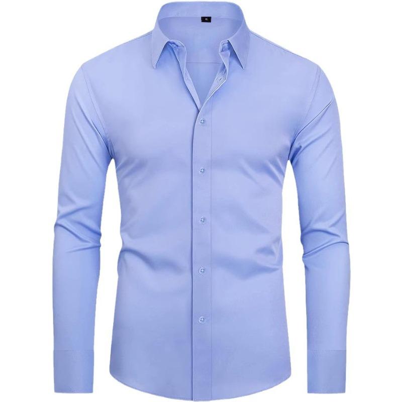 Men's Long Sleeve Solid Color Shirt, 4-Way Stretch, Natural Color Button, Slim Fit, Wrinkle Free, Business Casual Dress Shirt