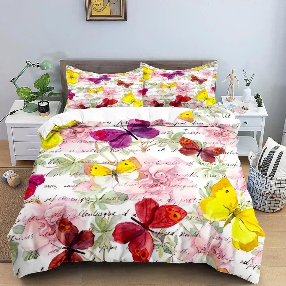 Luxury New 3D Print Butterfly Bedding Set Flower Duvet Cover Quilt Cover With Zipper Queen Double Polyester Girl Christmas Gift