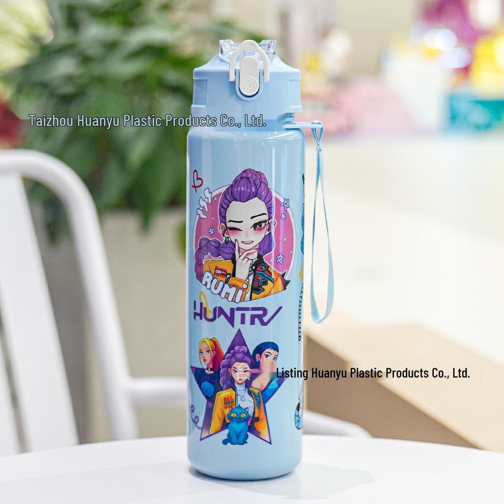 K-POP Demon Hunter Girl Cute Straw Water Bottle, Medium Size, Pop-up Sports Cup with Handle for Students.