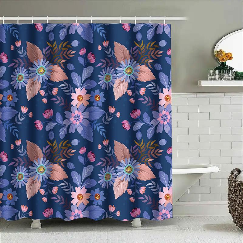 Colorful Floral Shower Curtain Navy Blue Pink Purple Green Bathroom Decor Waterproof Fabric Bath Mat Cover Free Size 72X84 Inche