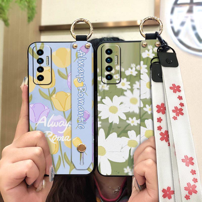 Durable Ring Phone Case For Tecno Camon17P Phone Holder Silicone Waterproof Dirt-resistant Flower Oil Painting Lanyard
