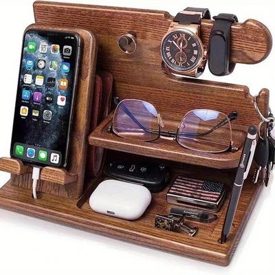 1Pc Multi-functional Wooden Telephone Extension Base Bedside Table Desktop Organizer Storage Rack Mobile Phone Holder.
