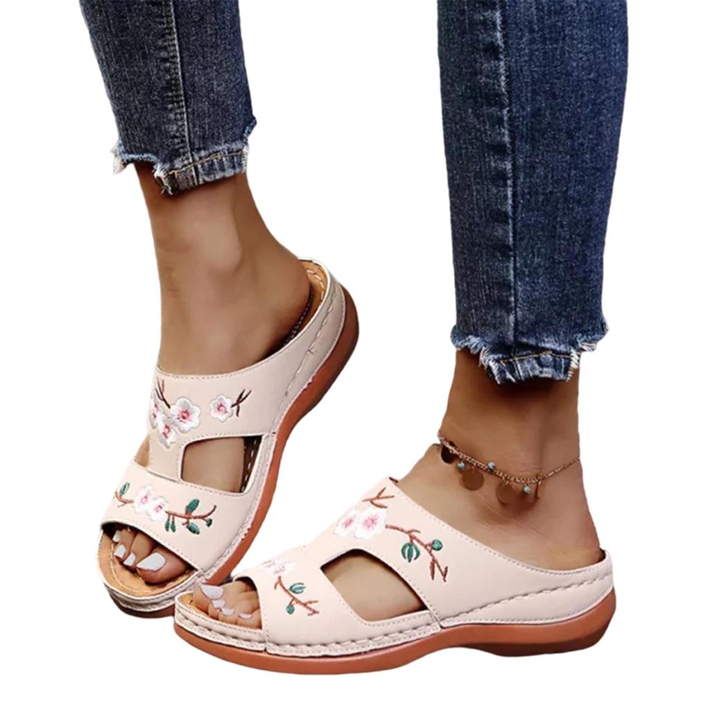 Women Embroidery Slide Sandals Vintage Embroidery Design PU Leather Slipper Gift for Christmas Birthday New Year
