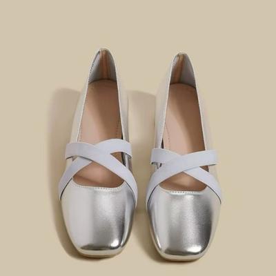 Fashion Silver Single Shoes Women's 2025 Spring New French Square Head Low Heel Retro Ballet Light Mouth Mary Jane Shoes for Women Pumps
