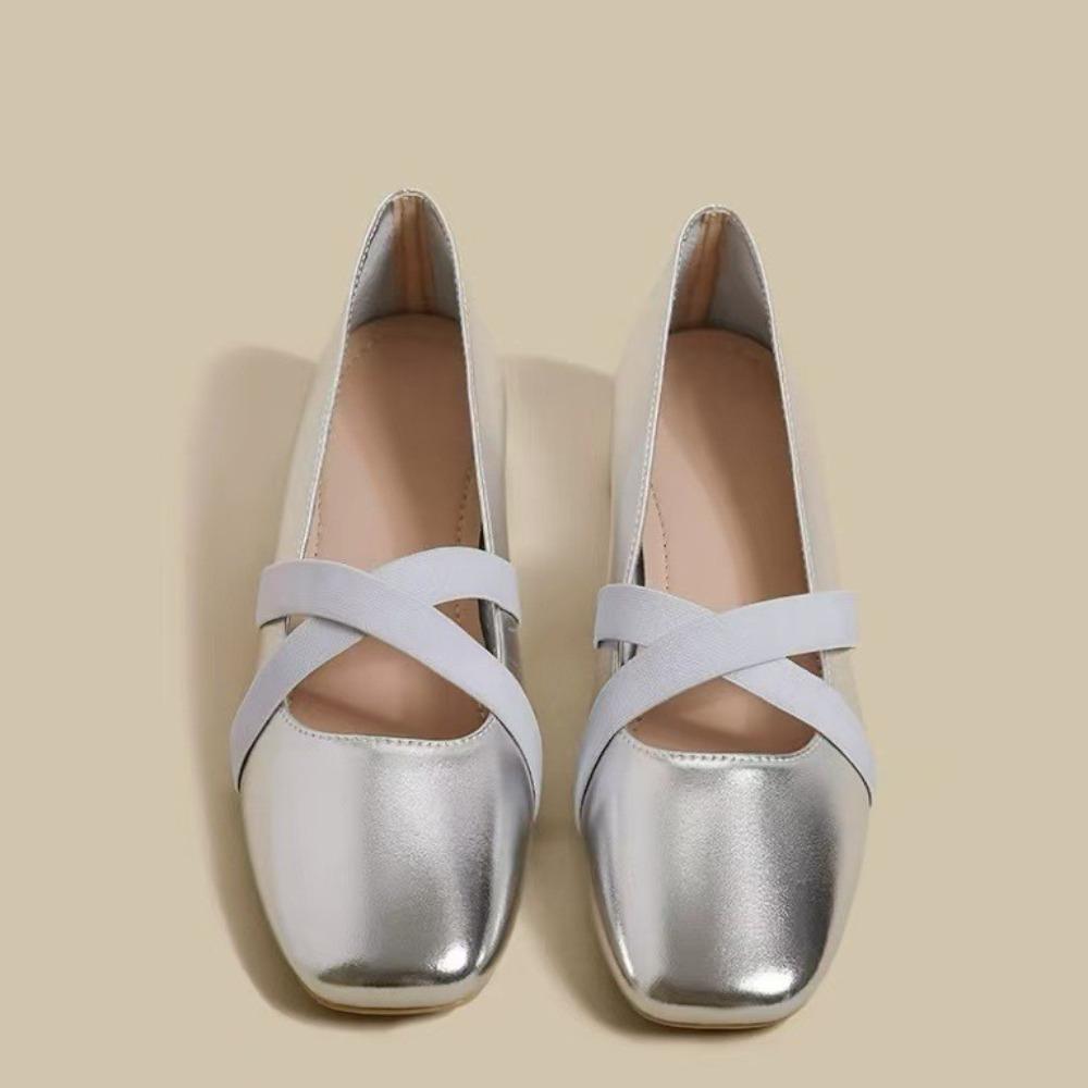 Fashion Silver Single Shoes Women's 2025 Spring New French Square Head Low Heel Retro Ballet Light Mouth Mary Jane Shoes for Women Pumps