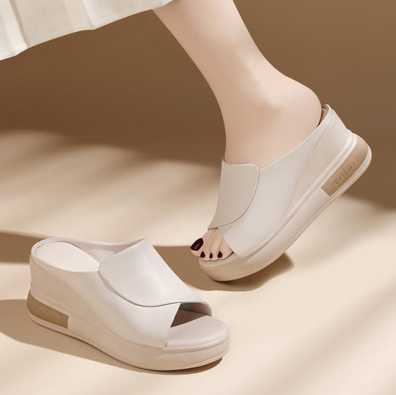 Top layer cowhide wedge sandals women's summer fashion high heels ladies wear sandals women's slippers outside