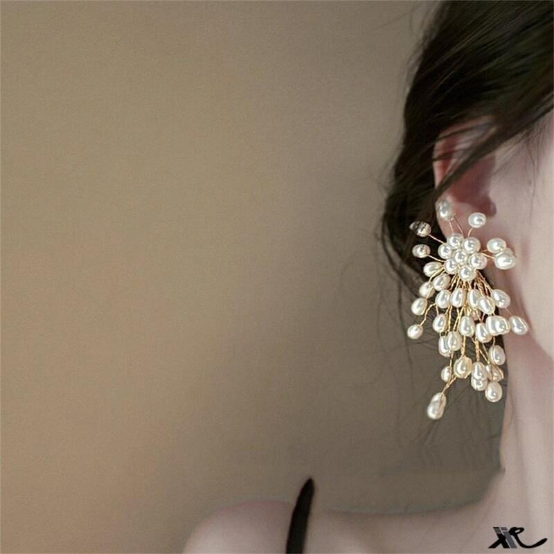 Pearl Waterfall French-style Fireworks Tassel Flower Alloy Earrings Women Trendy Light Luxury Elegant High End Niche Dress