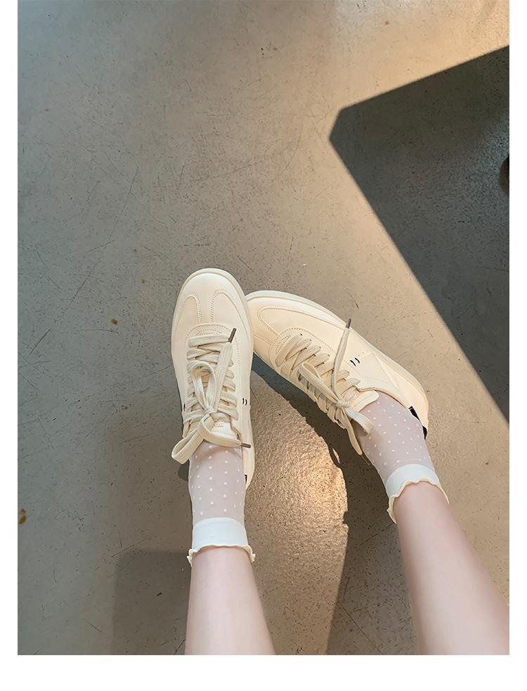Cowhide Version of Old Leather Round Head Flat Bottom Sports and Leisure Shoes German Training Shoes Women's Board Shoes Lace-up Versatile White Shoes