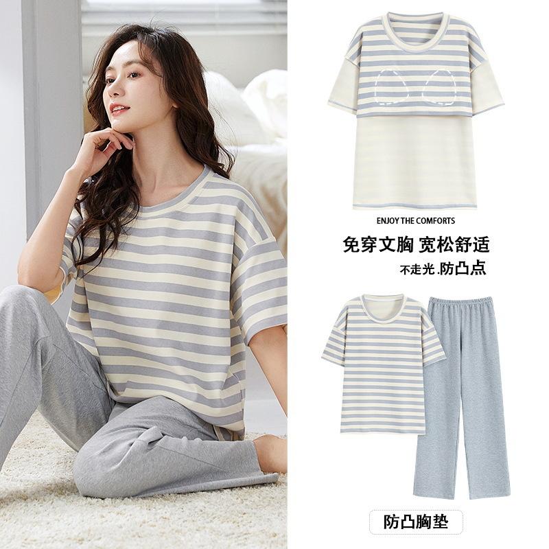 

2025 Пижама женская с нагрудными накладками, короткие рукава, брюки, тонкий комплект из двух предметов, повседневный корейский вариант свободного покроя 2XL