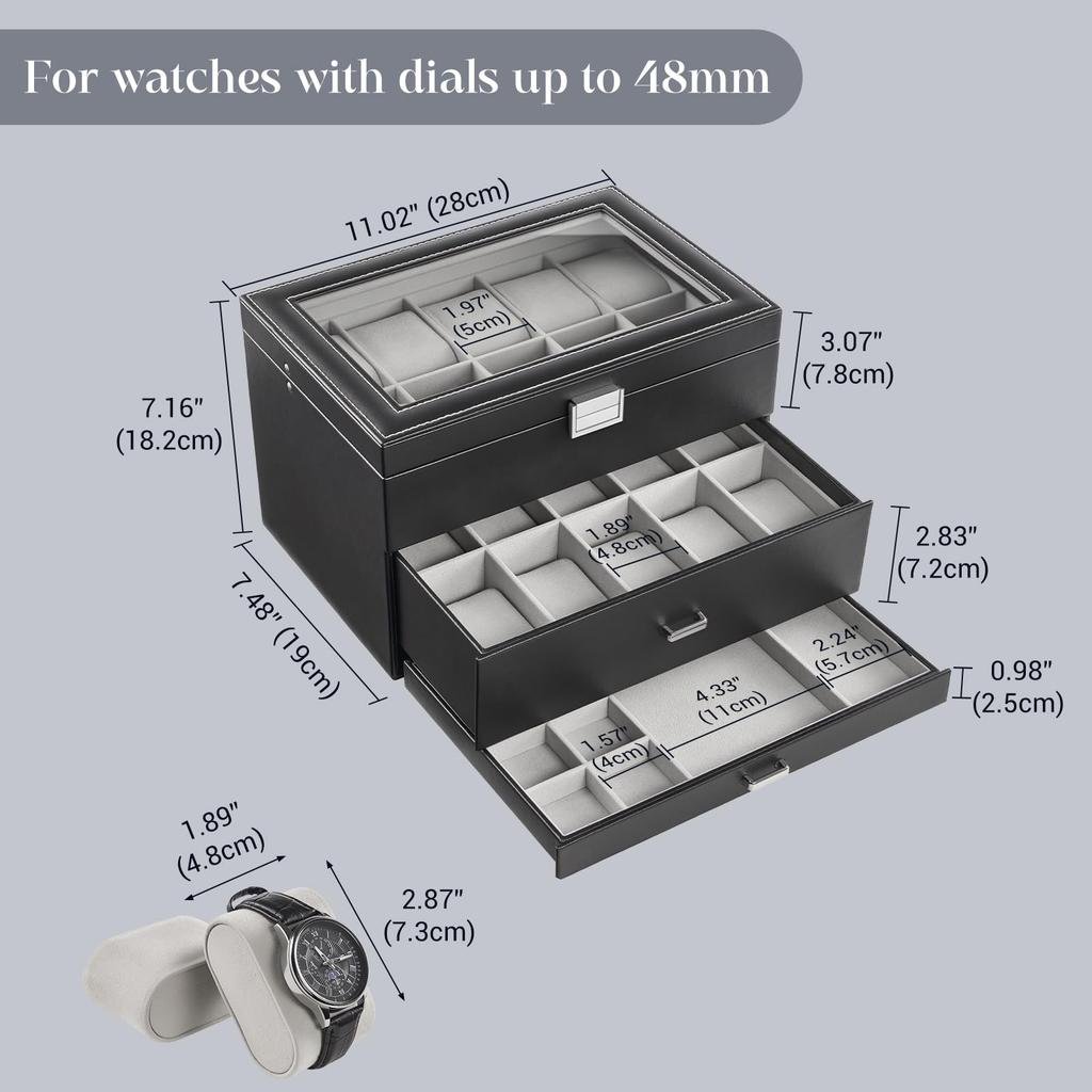 ProCase Watch Holds 20 Large Watch Box with Jewelry Glass Display Storage Case 3-Tier Case, Watches, Capacity, Men's Drawers, Organizer, Top,