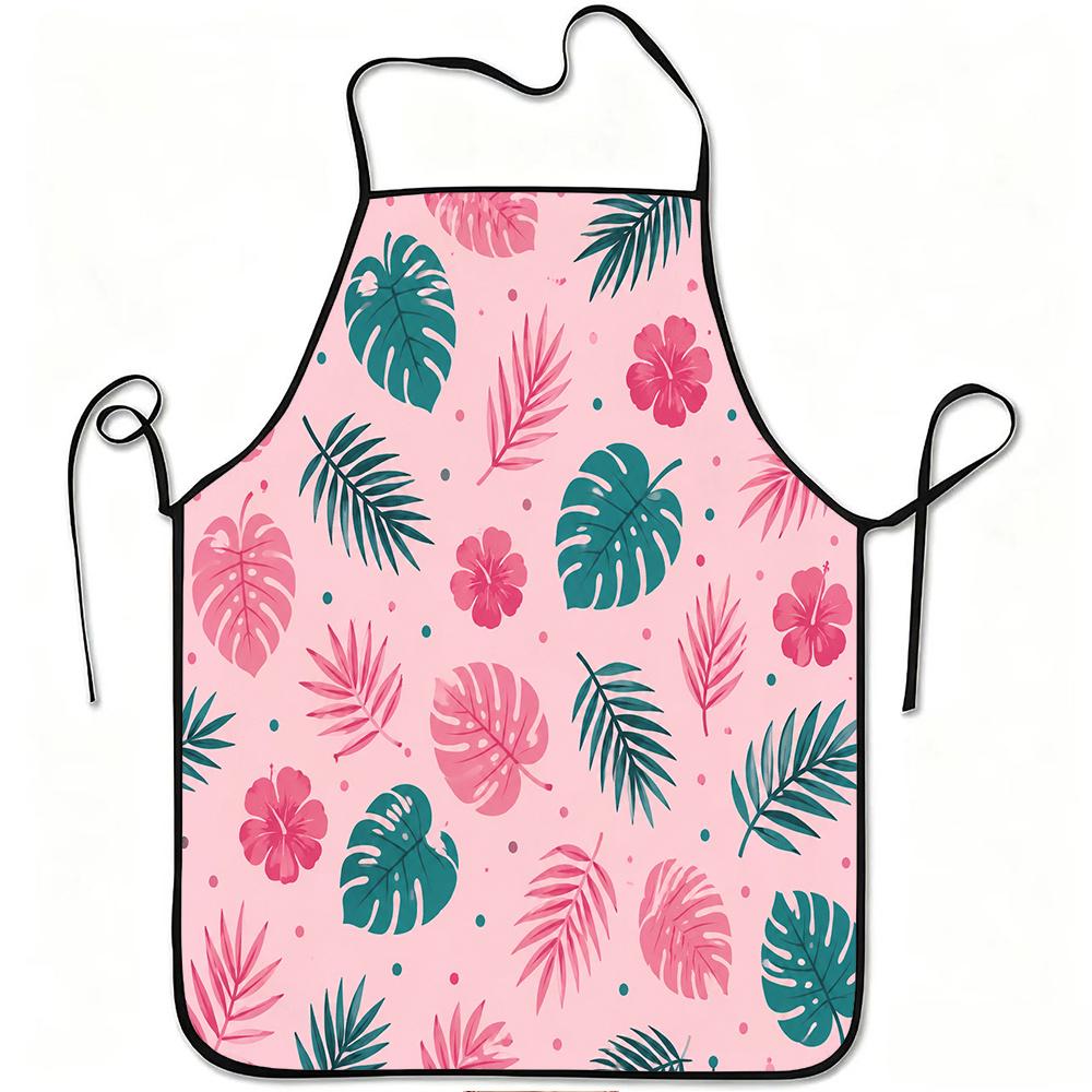 1pc Tropical Leaves And Hibiscus Flowers Print Apron, Durable And Easy to Clean, Adjustable Waistband, Polyester Material, for Kitchen Cooking, Garden
