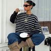 Women Striped Crew Neck Fake Two Piece Loose Long Sleeve Casual Sweatshirt
