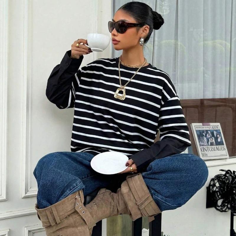 Women Striped Crew Neck Fake Two Piece Loose Long Sleeve Casual Sweatshirt