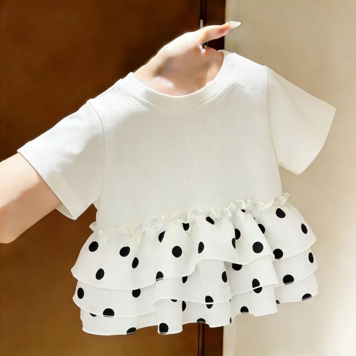 Girls Summer Polka Dot Ruffle Mesh Top - Korean Style, Pure Cotton 130cm