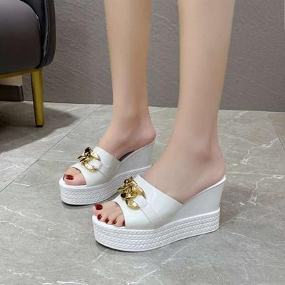 Slope Heel Cool Slippers Women's Summer 2025 New Muffin High Heel Heightened Thick Sole Chain One-word Outer Wear Sandals