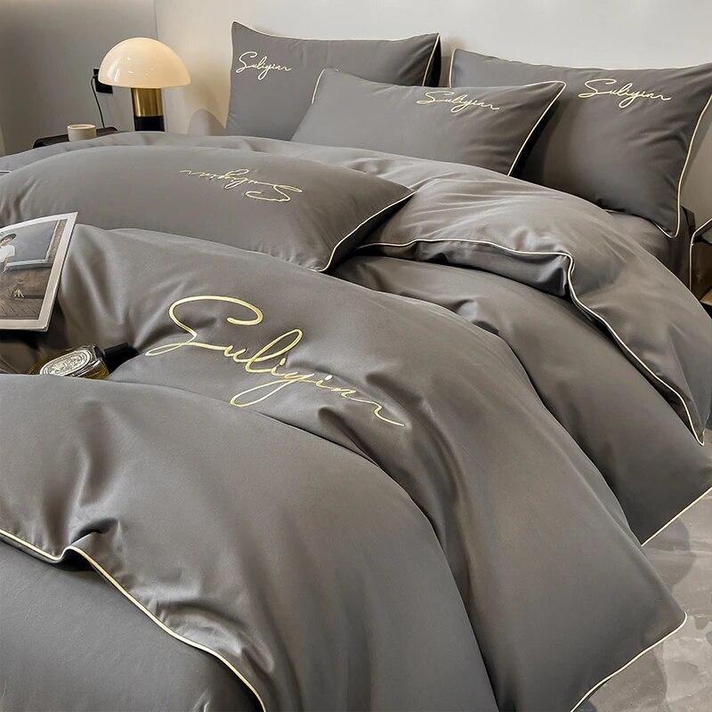 Luxury Embroidery Bedding Set Egyptian Cotton 400TC Duvet Cover Flat Fittedsheet Single Double Queen King Quilt Cover Pillowcase