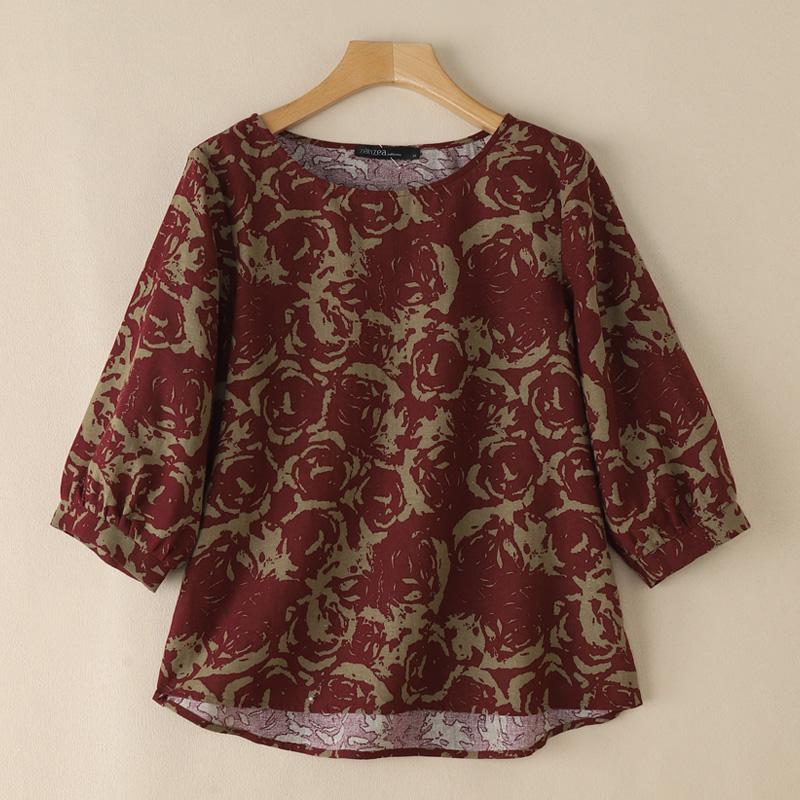

ZANZEA Женская повседневная блузка из хлопка с принтом, круглым вырезом и рукавами 3/4 3XL вино красного