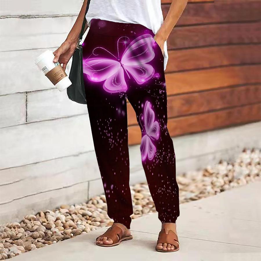 Women Butterfly Printing Pants Lace Up Elastic Waist Loose  Trousers Casual Long Pants Trousers with Pockets