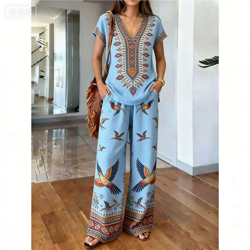 Bohemian vintage gradient stripe set, women's loose V-neck top with wide-leg pants, vacation-style casual two-piece set