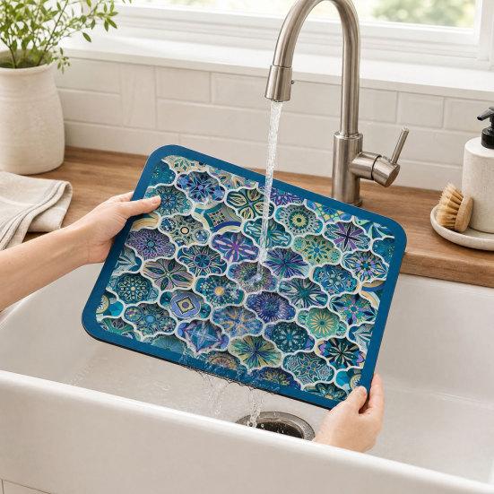 huaqianguhh Bohemian Dish Drying Mat, Super Absorbent Diatomaceous Earth Drainer Non-Slip Colorful Ethnic Heat Insulation Mat for Kitchen Counter
