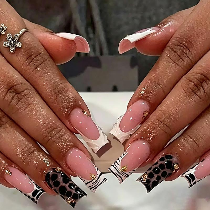 3D Pink Flower Leopard Print Detachable Wearable Nail Tips - European & American Design