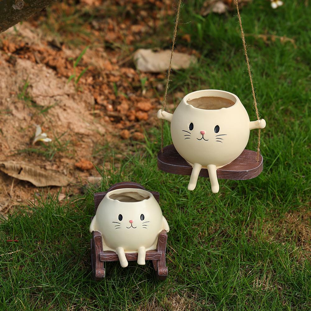 Cute Resin Cat Planter Rocking Chair Style Hanging Kitten Planter Home and Garden Decorative Pot