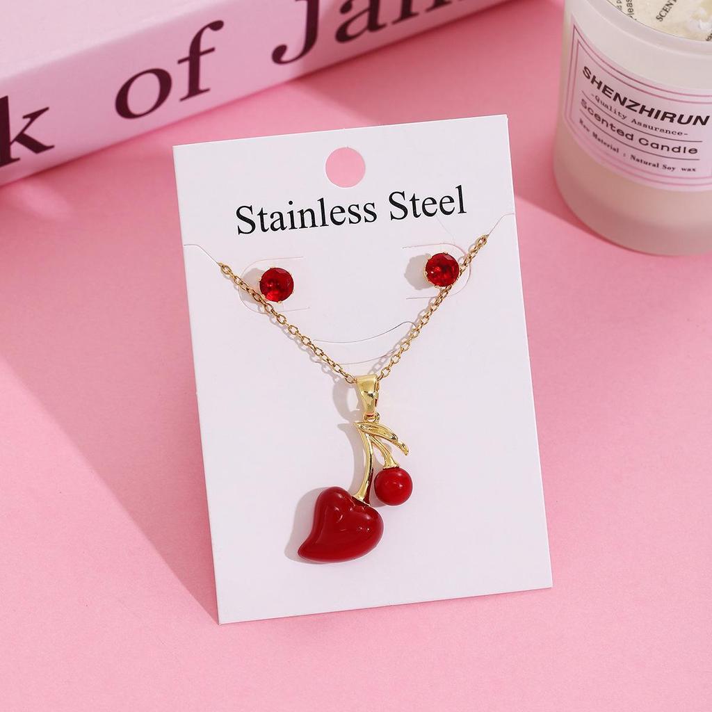 Strawberry Cherry Inlaid Necklace & Earrings Set, Light Luxury Design, 304 Stainless Steel Clavicle Chain for Women