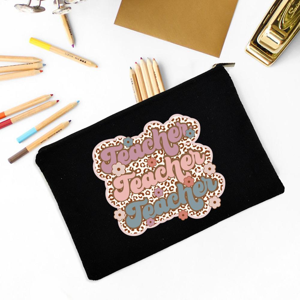Teacher Flower Print Pencil Case Travel Makeup Bag School Stationery Supplies Storage Bags Wash Pouch Cosmetic Bags Teacher Gift