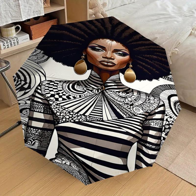 1pc African American, Pattern Automatic Open/Close Umbrella Compact Folding Umbrella with 8-Rib Shaft for Women/Men, Portable Travel Umbrella,1223S